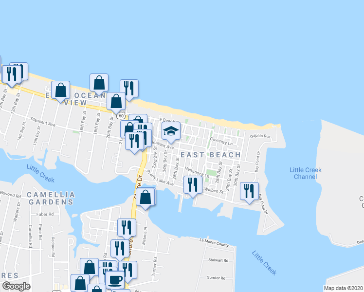 map of restaurants, bars, coffee shops, grocery stores, and more near 4510 Pleasant Avenue in Norfolk