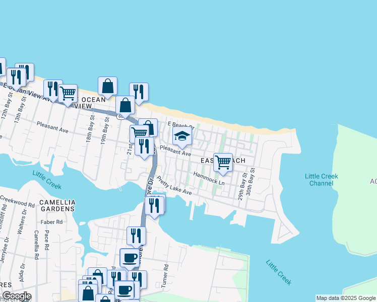 map of restaurants, bars, coffee shops, grocery stores, and more near 9631 25th Bay Street in Norfolk