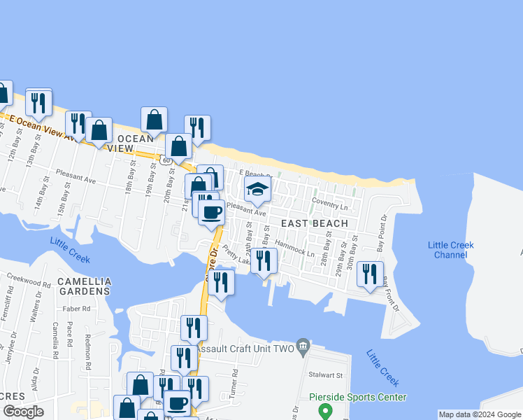 map of restaurants, bars, coffee shops, grocery stores, and more near 9631 25th Bay Street in Norfolk
