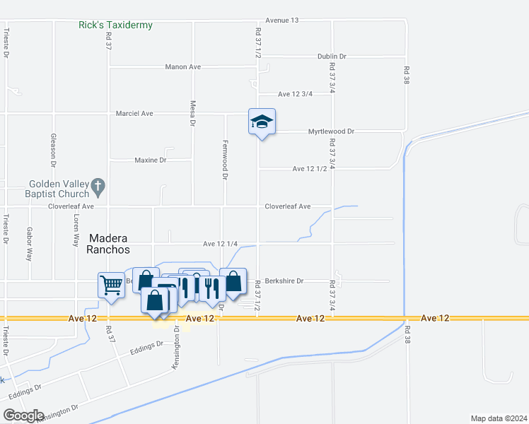 map of restaurants, bars, coffee shops, grocery stores, and more near 37536 Cloverleaf Avenue in Madera