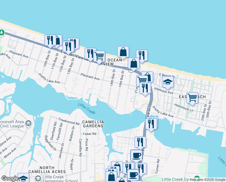 map of restaurants, bars, coffee shops, grocery stores, and more near 9551 18th Bay Street in Norfolk