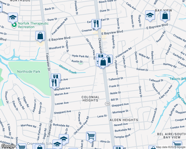 map of restaurants, bars, coffee shops, grocery stores, and more near 870 Norman Avenue in Norfolk