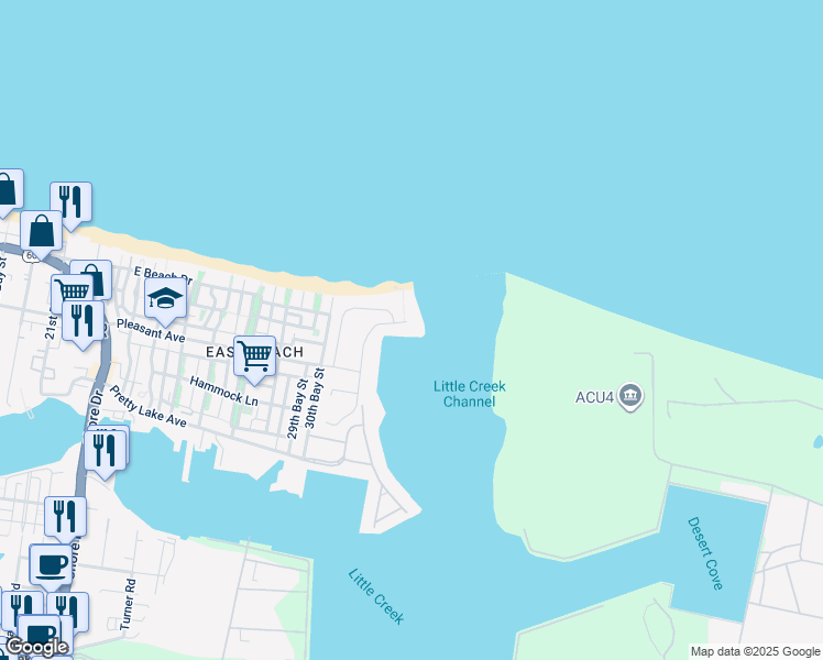 map of restaurants, bars, coffee shops, grocery stores, and more near 9724 Bay Point Drive in Norfolk