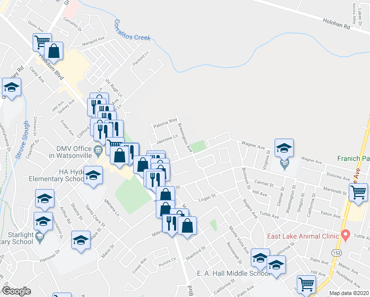 map of restaurants, bars, coffee shops, grocery stores, and more near 1032 Brewington Avenue in Watsonville