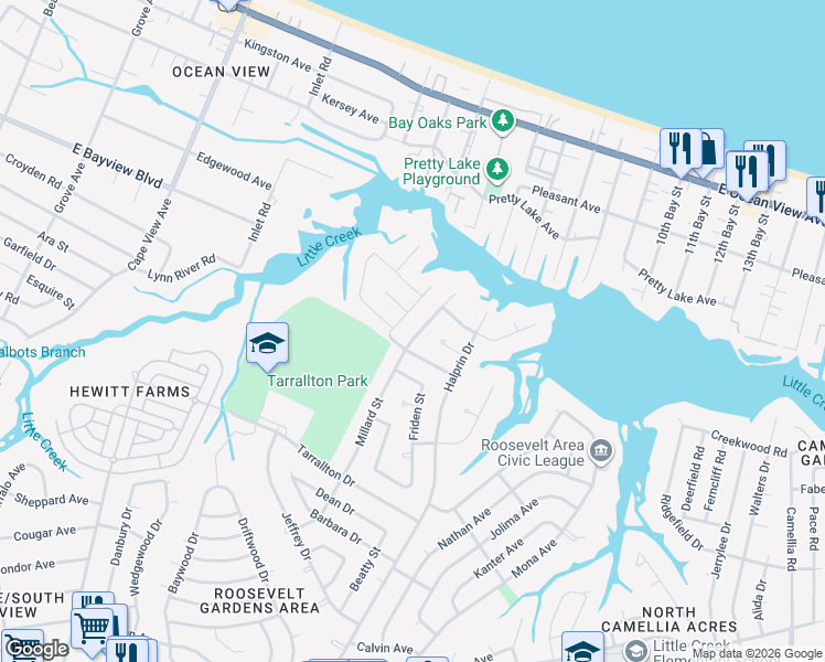 map of restaurants, bars, coffee shops, grocery stores, and more near 8505 Benjamin Avenue in Norfolk