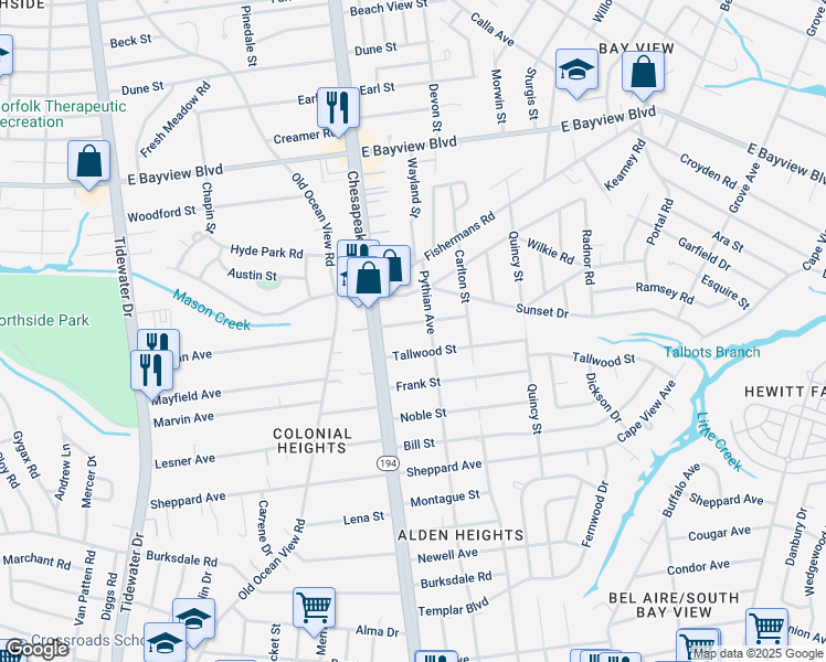 map of restaurants, bars, coffee shops, grocery stores, and more near 1121 Evelyn Street in Norfolk