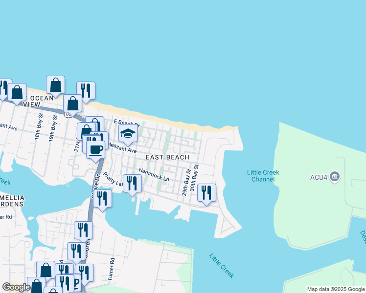 map of restaurants, bars, coffee shops, grocery stores, and more near 4840 Coventry Lane in Norfolk