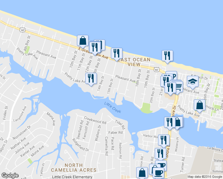 map of restaurants, bars, coffee shops, grocery stores, and more near 9524 15th Bay Street in Norfolk
