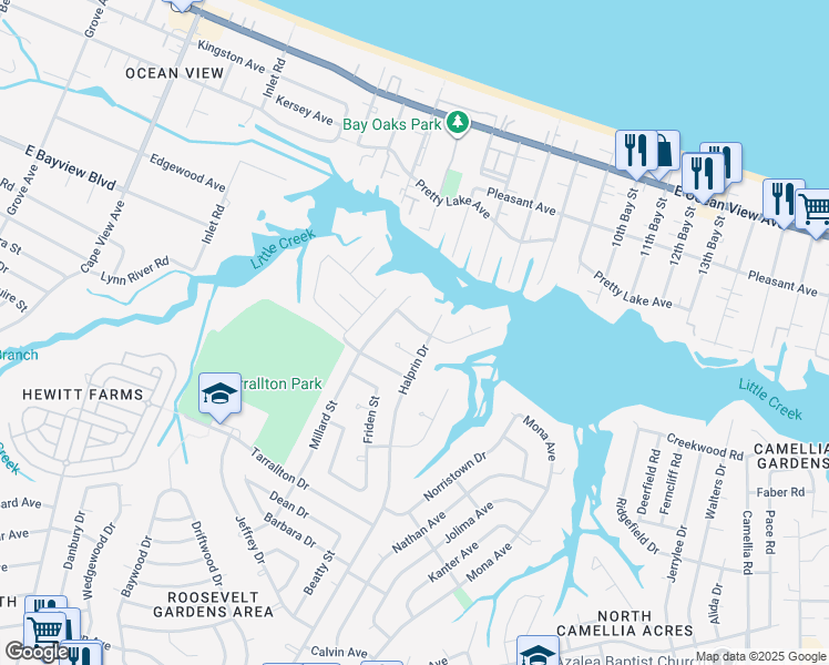 map of restaurants, bars, coffee shops, grocery stores, and more near 8529 Halprin Drive in Norfolk