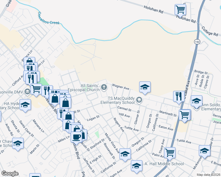 map of restaurants, bars, coffee shops, grocery stores, and more near 229 Bronson Street in Watsonville