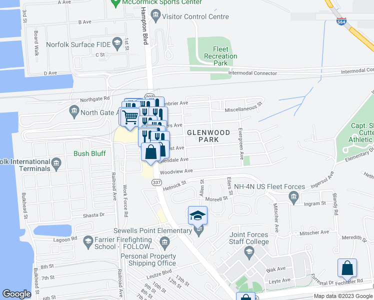 map of restaurants, bars, coffee shops, grocery stores, and more near 201 Forrest Avenue in Norfolk