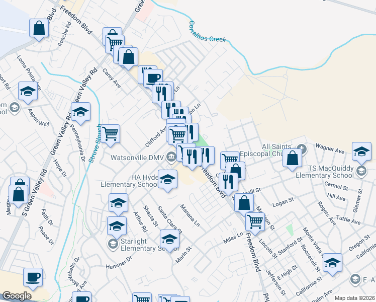 map of restaurants, bars, coffee shops, grocery stores, and more near 1467 Freedom Blvd in Watsonville