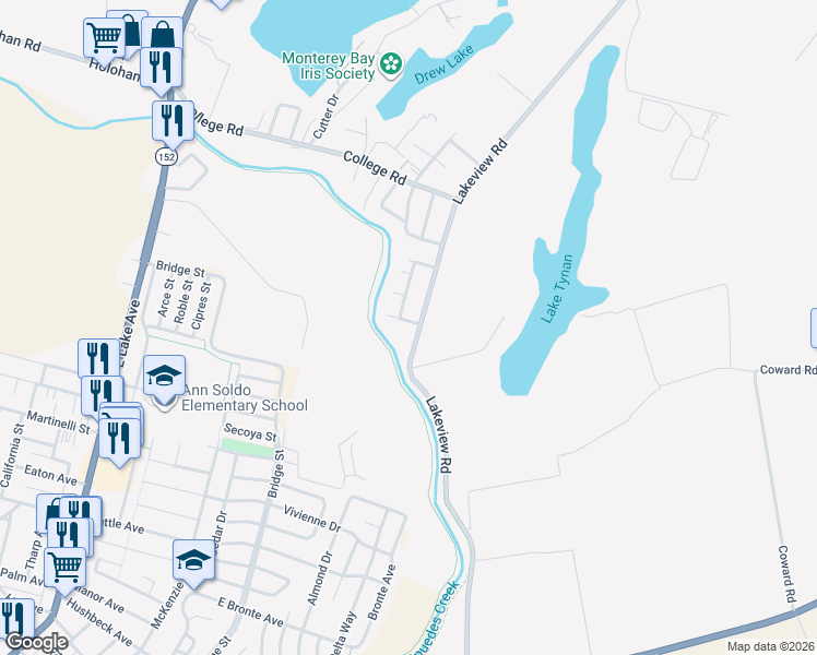 map of restaurants, bars, coffee shops, grocery stores, and more near 125 Crestwood Drive in Watsonville