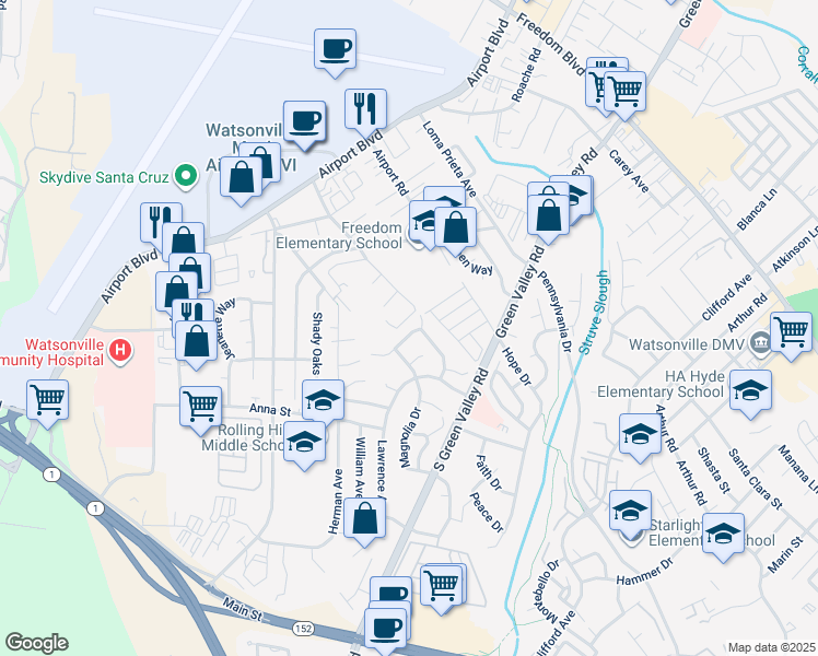 map of restaurants, bars, coffee shops, grocery stores, and more near 54 Honeysuckle Drive in Watsonville