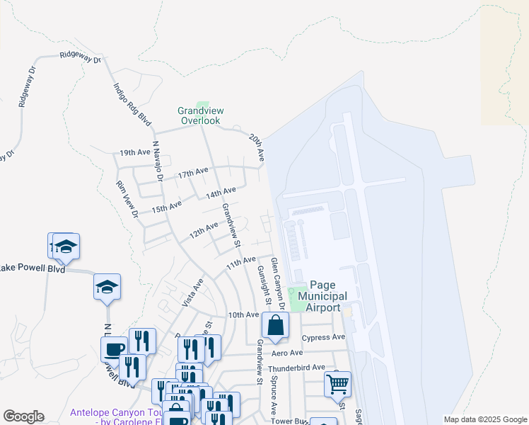 map of restaurants, bars, coffee shops, grocery stores, and more near 74 12th Avenue in Page