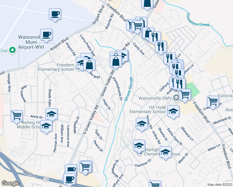 map of restaurants, bars, coffee shops, grocery stores, and more near 12 Bright View Lane in Watsonville