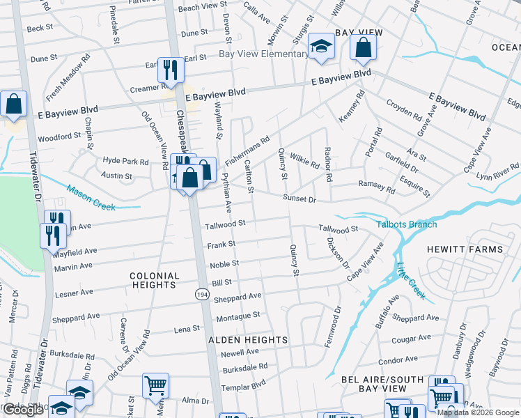 map of restaurants, bars, coffee shops, grocery stores, and more near 8424 Carlton Street in Norfolk