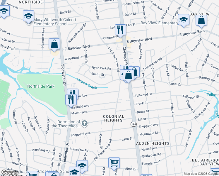 map of restaurants, bars, coffee shops, grocery stores, and more near 844 Norman Avenue in Norfolk