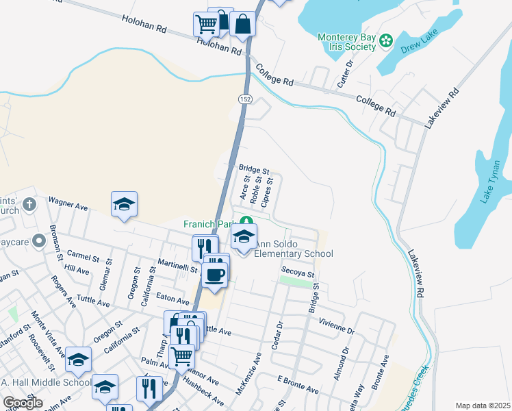 map of restaurants, bars, coffee shops, grocery stores, and more near 757 Roble Street in Watsonville
