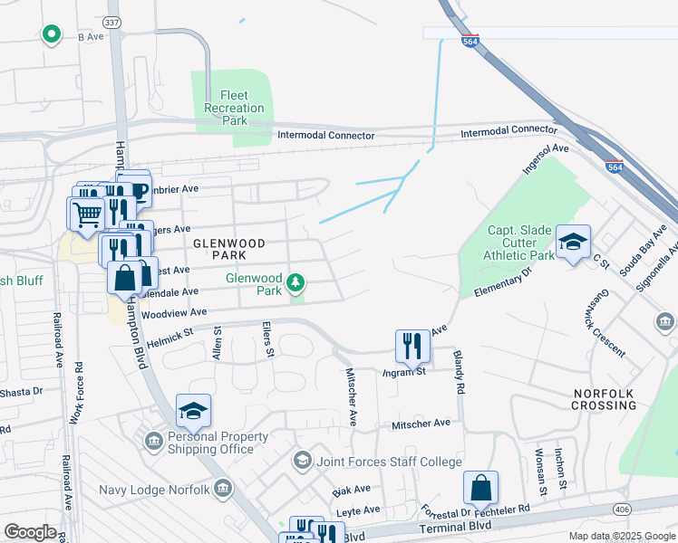 map of restaurants, bars, coffee shops, grocery stores, and more near 504 Glendale Avenue in Norfolk