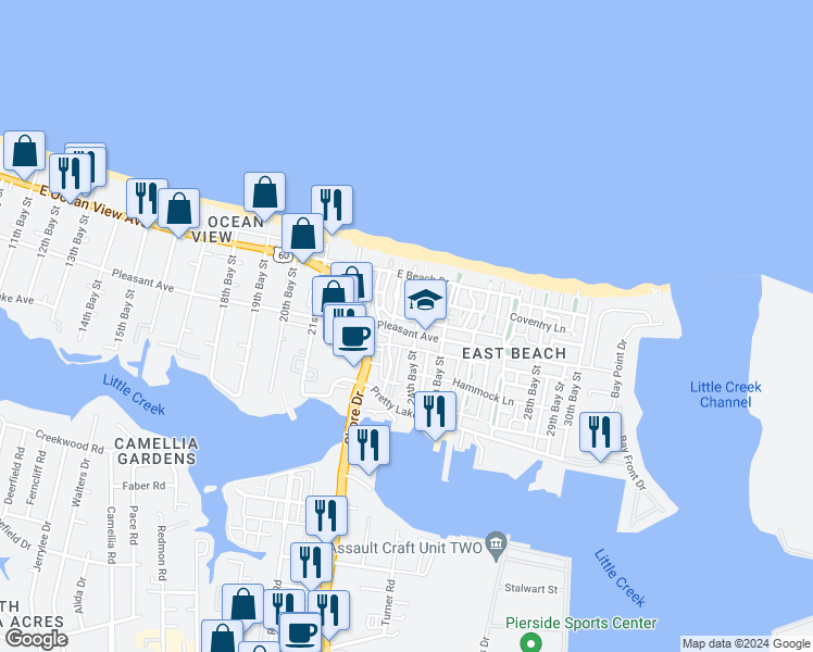 map of restaurants, bars, coffee shops, grocery stores, and more near 4400 Pleasant Avenue in Norfolk