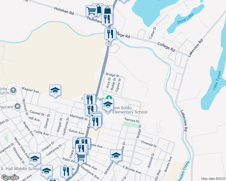 map of restaurants, bars, coffee shops, grocery stores, and more near 757 Roble Street in Watsonville