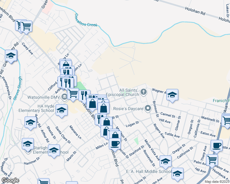 map of restaurants, bars, coffee shops, grocery stores, and more near 1044 Sunbird Drive in Watsonville