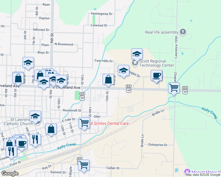 map of restaurants, bars, coffee shops, grocery stores, and more near 1526 East Cleveland Street in Monett