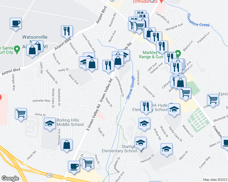 map of restaurants, bars, coffee shops, grocery stores, and more near 29 Bright View Court in Watsonville