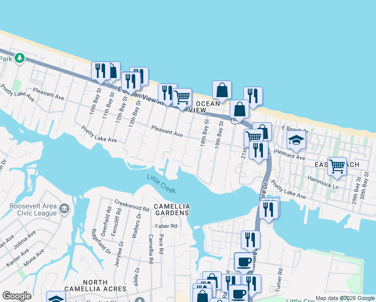 map of restaurants, bars, coffee shops, grocery stores, and more near 9541 17th Bay Street in Norfolk