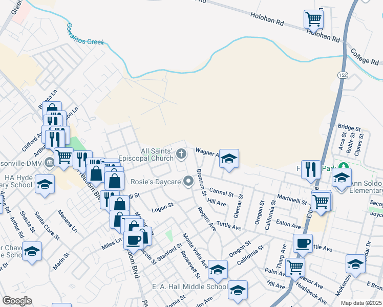 map of restaurants, bars, coffee shops, grocery stores, and more near 229 Bronson Street in Watsonville