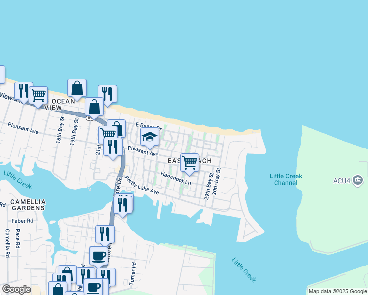 map of restaurants, bars, coffee shops, grocery stores, and more near 9637 27th Bay Street in Norfolk
