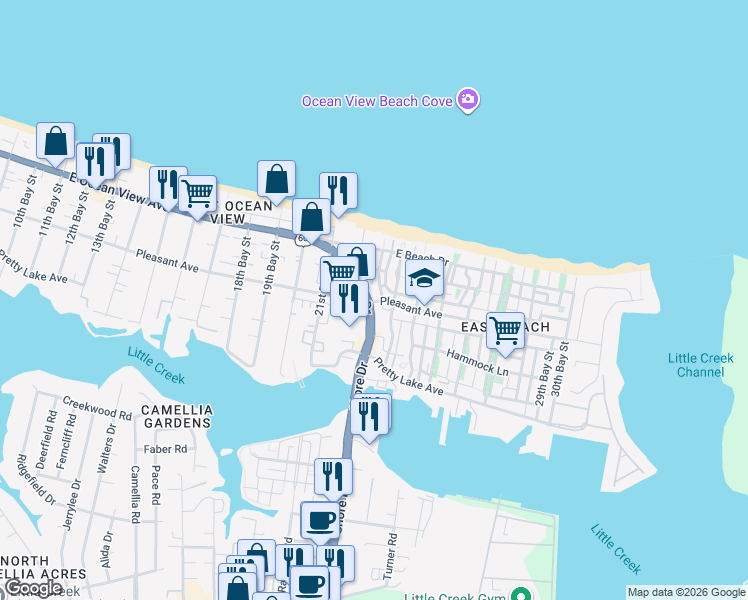 map of restaurants, bars, coffee shops, grocery stores, and more near 9600 Shore Drive in Norfolk