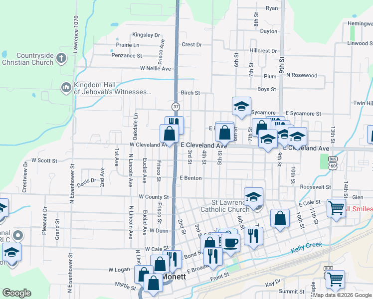 map of restaurants, bars, coffee shops, grocery stores, and more near in Monett