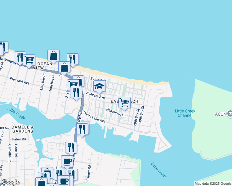 map of restaurants, bars, coffee shops, grocery stores, and more near 9630 26th Bay Street in Norfolk