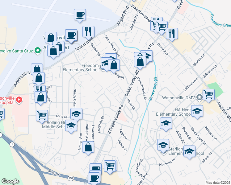 map of restaurants, bars, coffee shops, grocery stores, and more near 501 South Green Valley Road in Watsonville