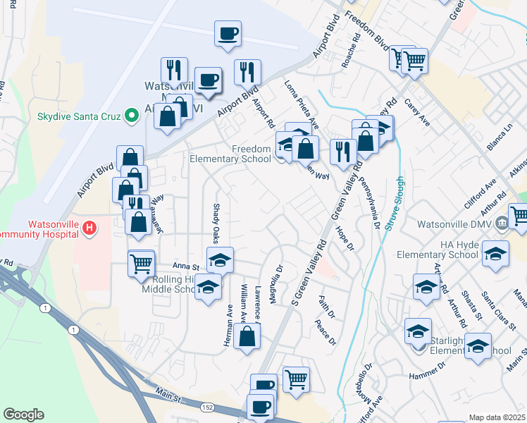 map of restaurants, bars, coffee shops, grocery stores, and more near 54 Honeysuckle Drive in Watsonville