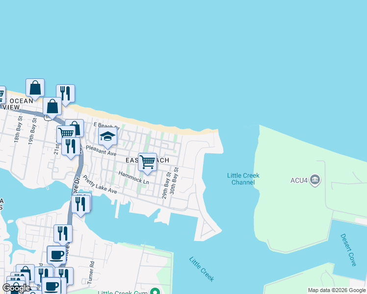 map of restaurants, bars, coffee shops, grocery stores, and more near 9637 Dolphin Run in Norfolk