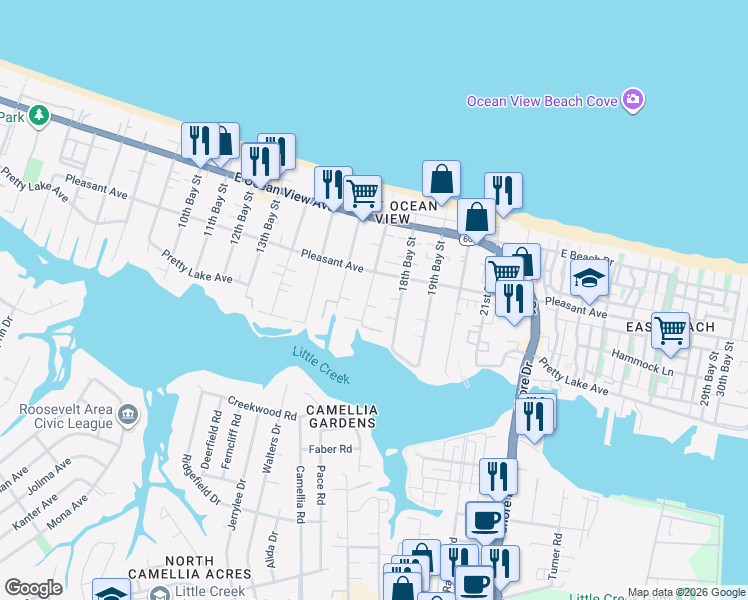 map of restaurants, bars, coffee shops, grocery stores, and more near 9541 17th Bay Street in Norfolk