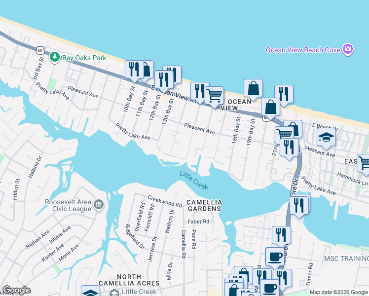 map of restaurants, bars, coffee shops, grocery stores, and more near 9423 15th Bay Street in Norfolk