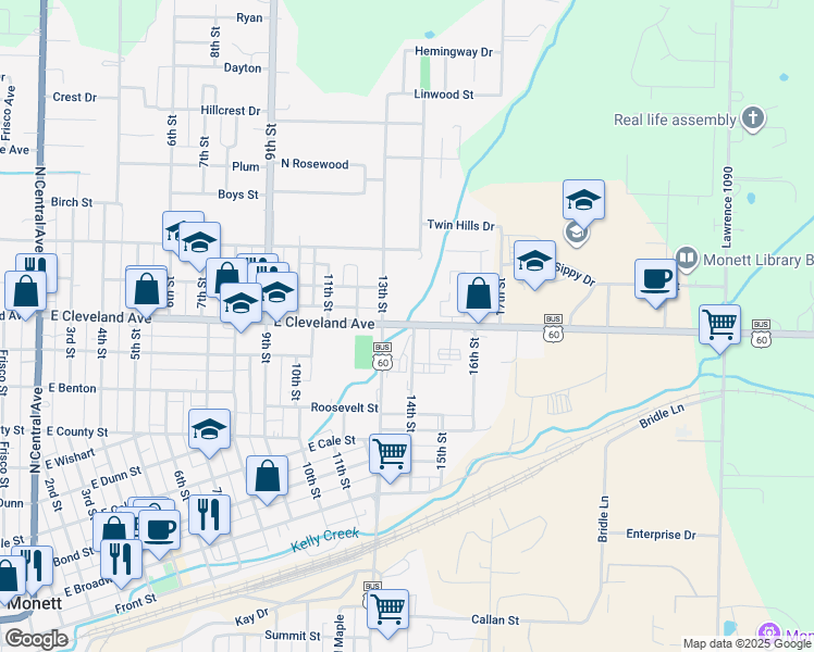 map of restaurants, bars, coffee shops, grocery stores, and more near 1306 East Cleveland Avenue in Monett
