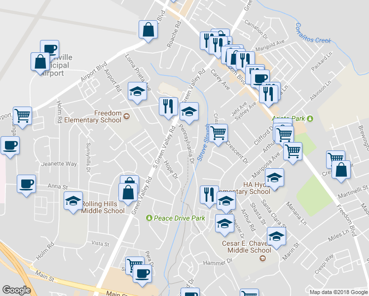 map of restaurants, bars, coffee shops, grocery stores, and more near 12 Bright View Lane in Watsonville