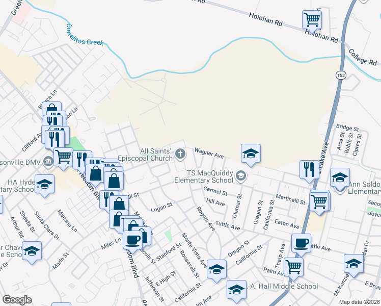 map of restaurants, bars, coffee shops, grocery stores, and more near 229 Bronson Street in Watsonville