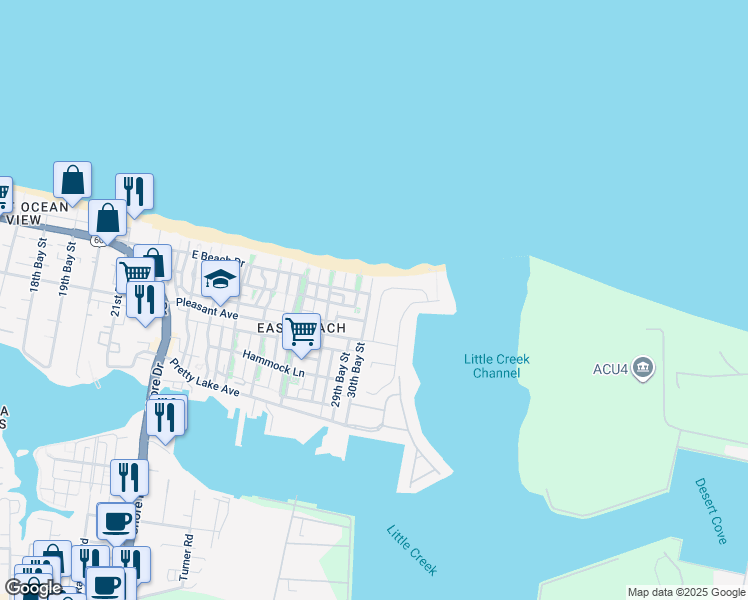 map of restaurants, bars, coffee shops, grocery stores, and more near 9637 Dolphin Run in Norfolk