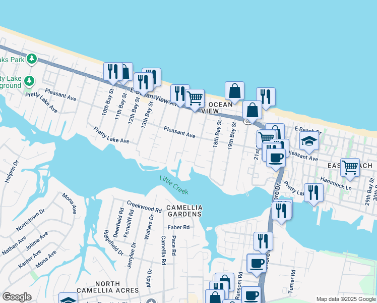 map of restaurants, bars, coffee shops, grocery stores, and more near 9546 16th Bay Street in Norfolk