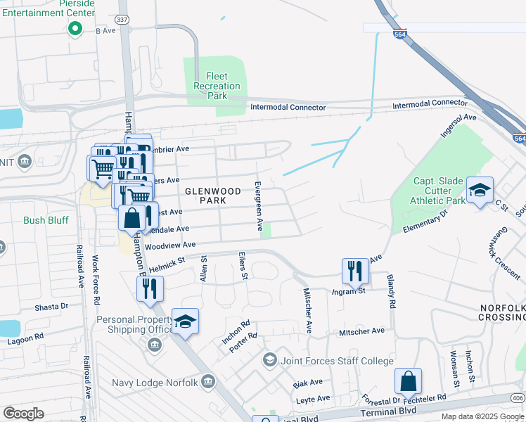 map of restaurants, bars, coffee shops, grocery stores, and more near 401 Forrest Avenue in Norfolk