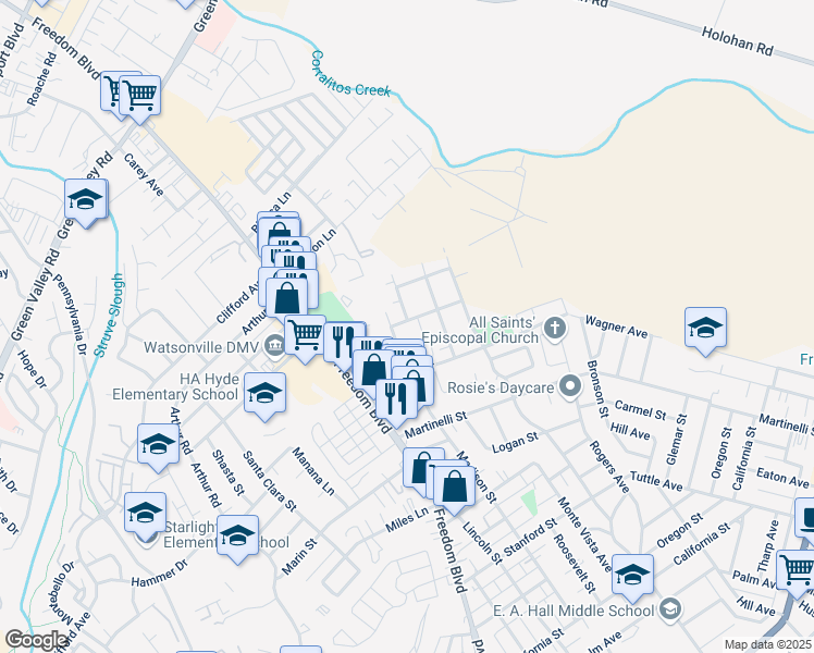 map of restaurants, bars, coffee shops, grocery stores, and more near 76 Jasmine Lane in Watsonville