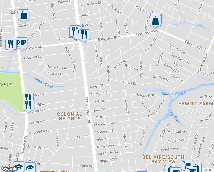 map of restaurants, bars, coffee shops, grocery stores, and more near 1213 Evelyn Street in Norfolk