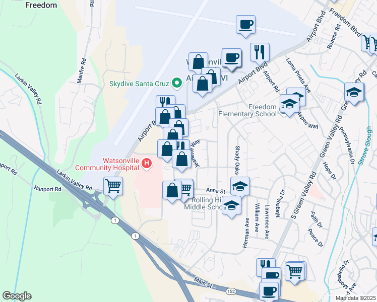 map of restaurants, bars, coffee shops, grocery stores, and more near 52 Jeanette Way in Watsonville