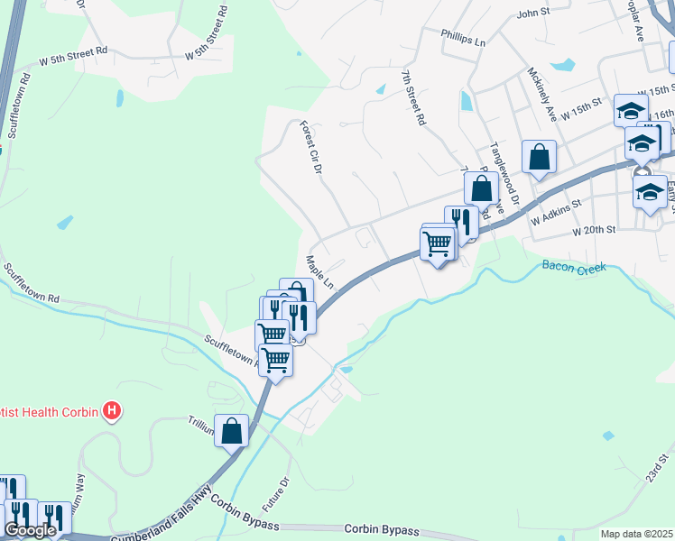 map of restaurants, bars, coffee shops, grocery stores, and more near 15 Hacienda Circle in Corbin
